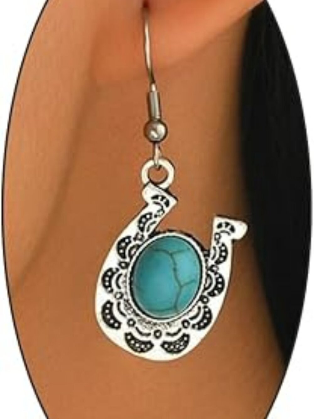 Silver Tone and Turquoise Horseshoe Earrings Dangle Western Boho Hippie